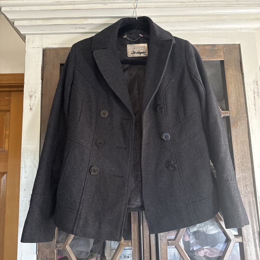 Vintage Guess Women’s Black Double Breasted Jacket Size Small Wool Coat
